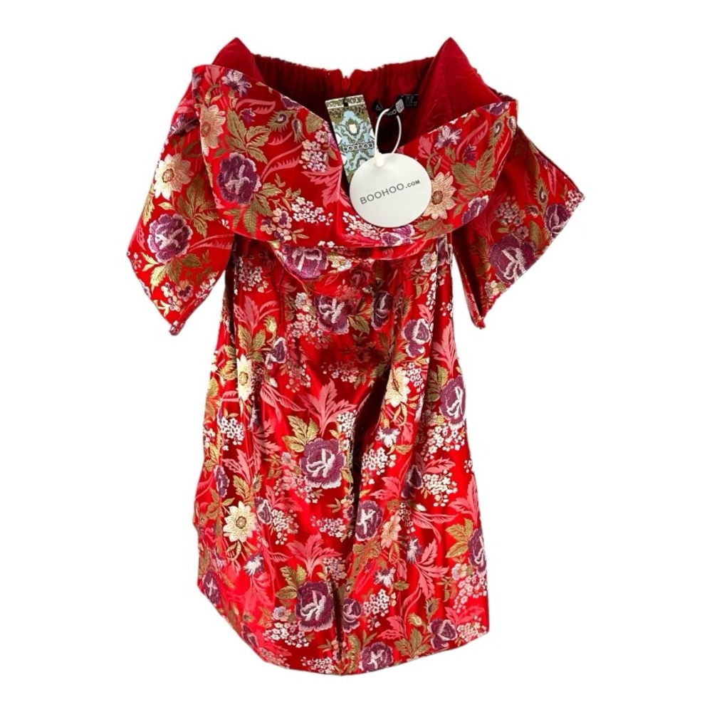 Boohoo | NWT 8 Jacquard Off The Shoulder Mini Dress Red Print